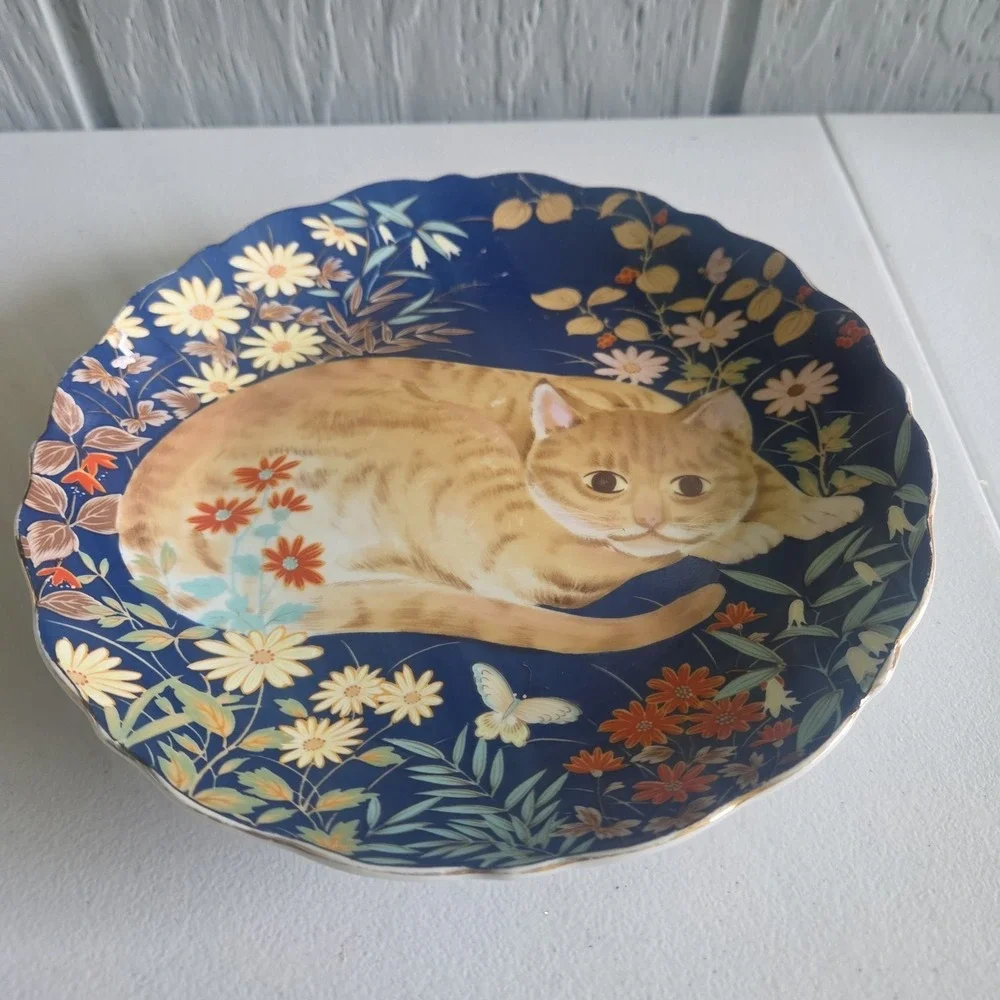 Cathy Takahashi Tabby Cat Flowers Trinket Ring Dish Plate Ireland 1984 Vintage